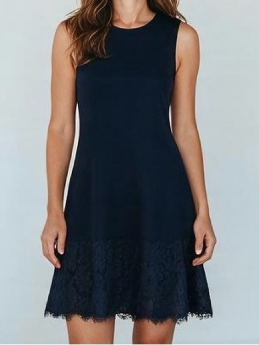 Eliza J Navy Blue Sleeveless Fit & Flare Dress with Lace Hem Size Large